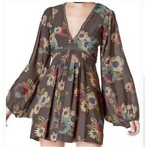 Free People‎ Brown Floral Strawberry Fields Swing Long-Sleeve Mini Dress- XS